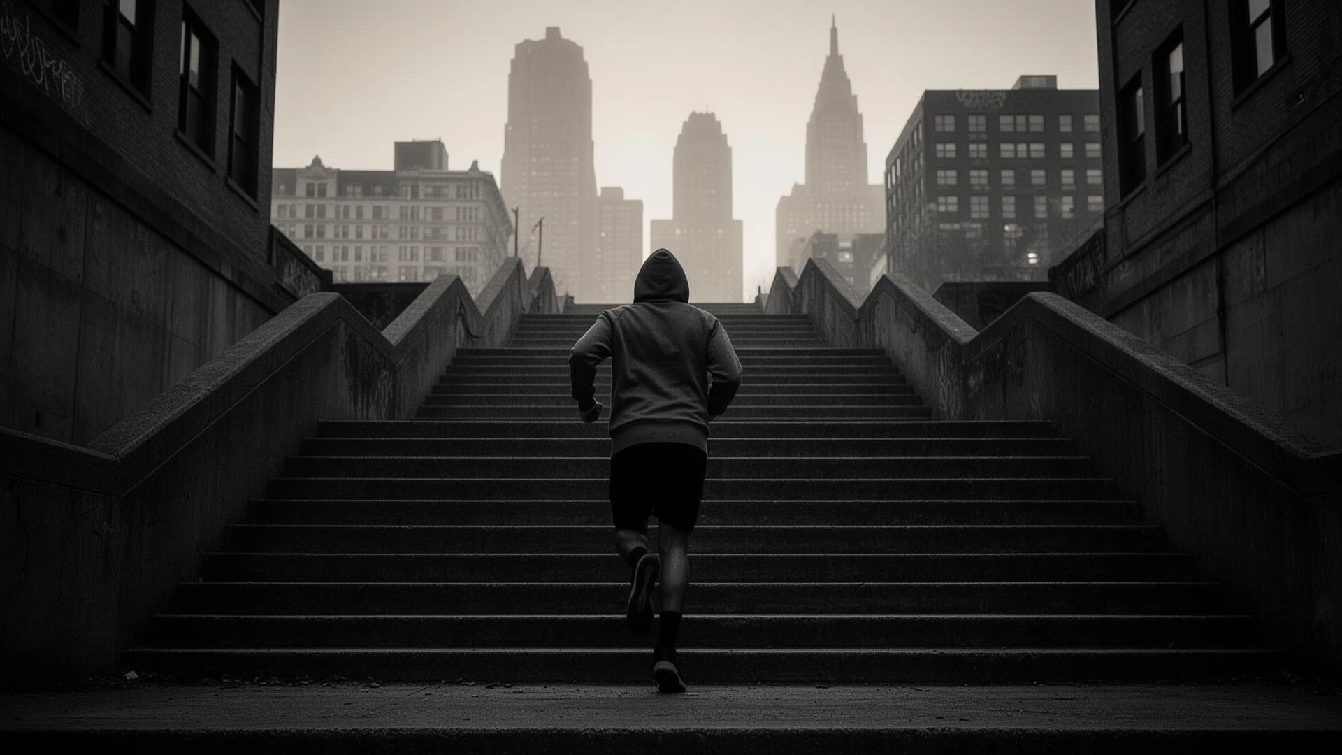 Person running up city stairs at dawn